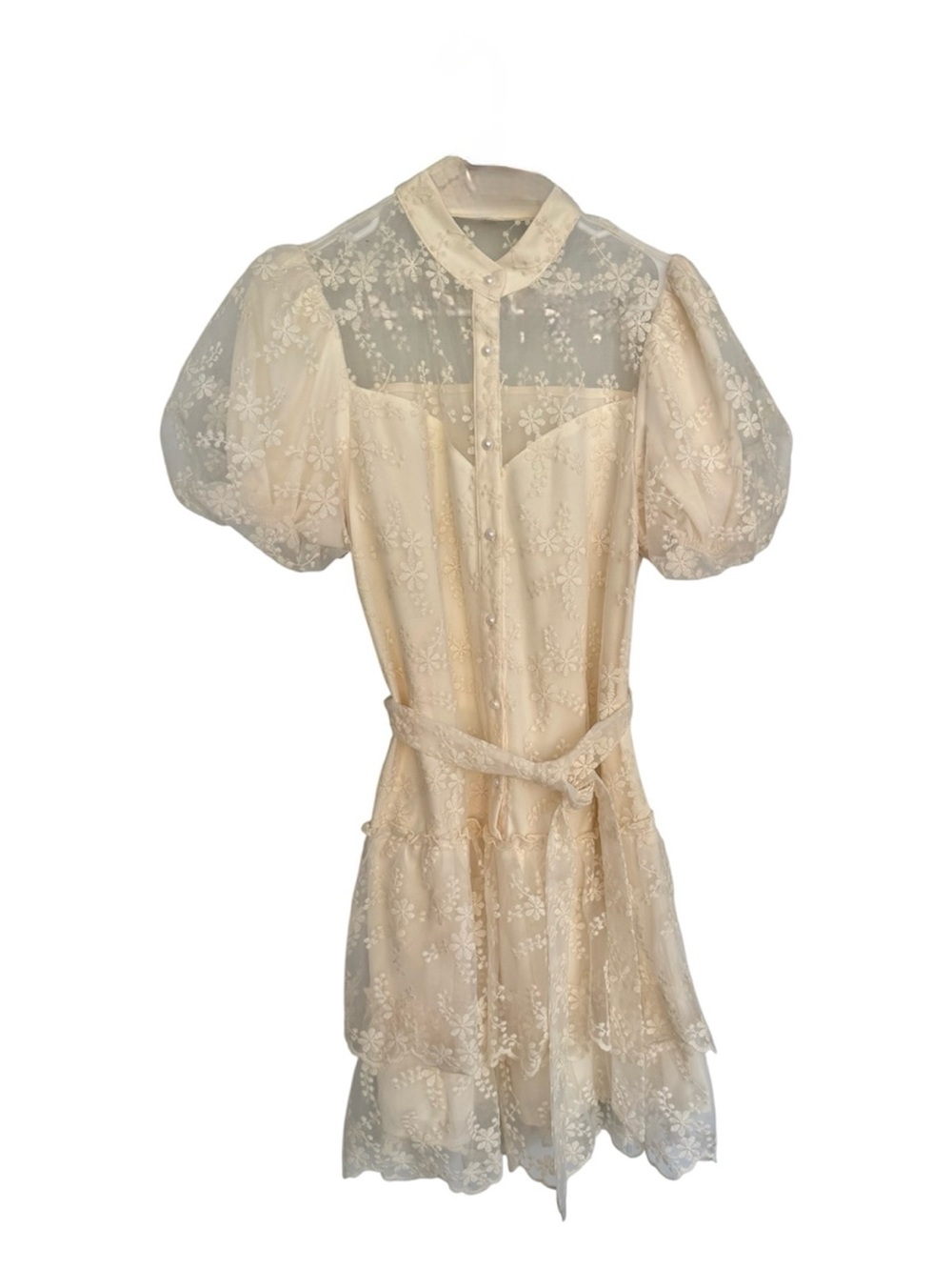 Simplee Apparel Cream Floral Lace Puff-Sleeve Mini Dress